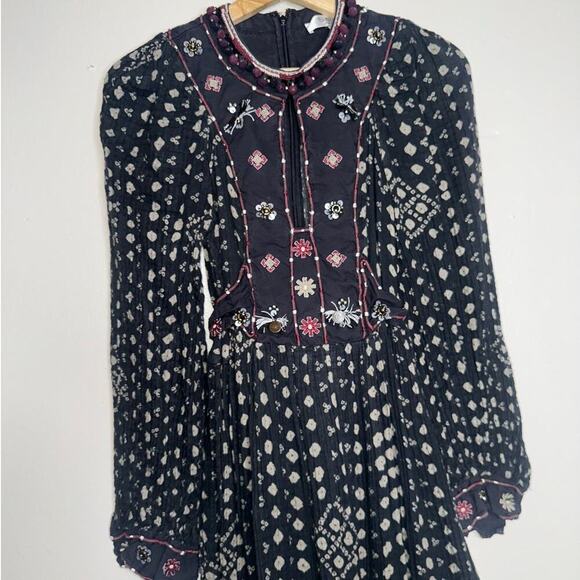 Sea New York Embroidered Maja Long Sleeve Dress Black Burgundy XS Boho Chic - Picture 5 of 11